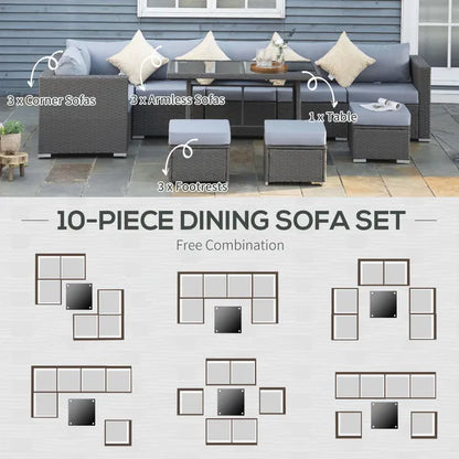 Outdoor 9-Seater Garden Rattan Furniture 10 Piece Corner Dining Sofa Set Grey Dusty Blue Cushions
