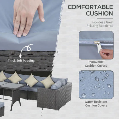 Outdoor 9-Seater Garden Rattan Furniture 10 Piece Corner Dining Sofa Set Grey Dusty Blue Cushions