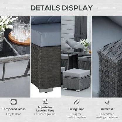 Outdoor 9-Seater Garden Rattan Furniture 10 Piece Corner Dining Sofa Set Grey Dusty Blue Cushions