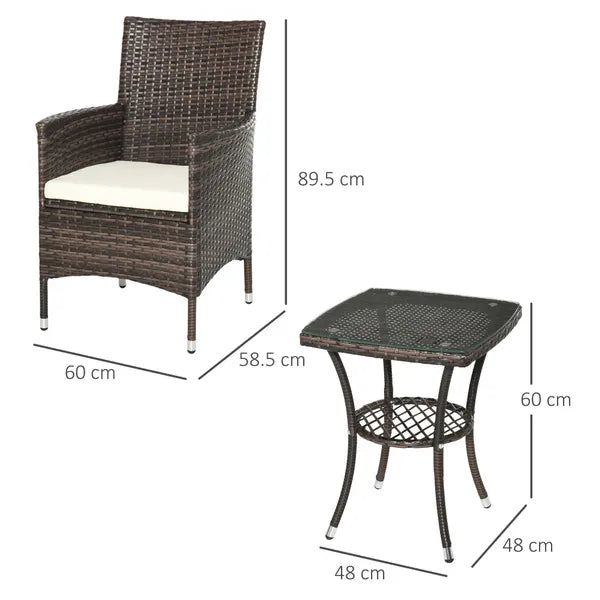 Garden Outdoor Rattan Furniture Bistro Set 3 Piece Patio Weave Companion Chair Table Set Conservatory (Brown)