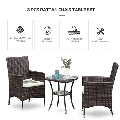 Garden Outdoor Rattan Furniture Bistro Set 3 Piece Patio Weave Companion Chair Table Set Conservatory (Brown)