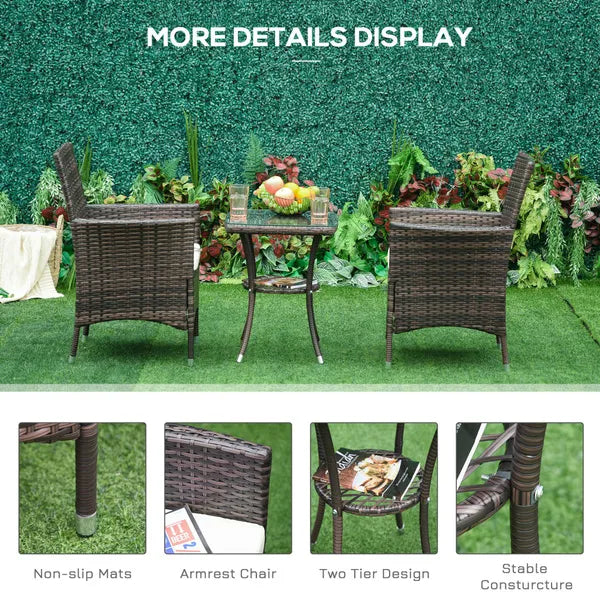 Garden Outdoor Rattan Furniture Bistro Set 3 Piece Patio Weave Companion Chair Table Set Conservatory (Brown)
