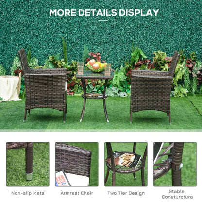 Garden Outdoor Rattan Furniture Bistro Set 3 Piece Patio Weave Companion Chair Table Set Conservatory (Brown)