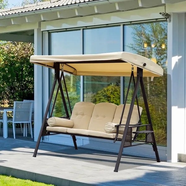 Outsunny Steel Swing Chair Hammock Garden 3 Seater Canopy Cushion Shelter Outdoor Bench Beige