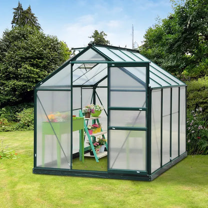 Clear Polycarbonate Greenhouse Large Walk-In Green House Garden Plants Grow Galvanized Base Aluminium Frame W/Slide