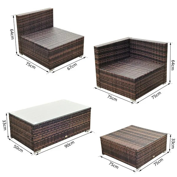 4-Seater Garden Rattan Furniture Rattan Sofa Set Sectional Sofa Coffee Table Combo Patio Furniture Metal Frame W/ Cushion Pillows Brown