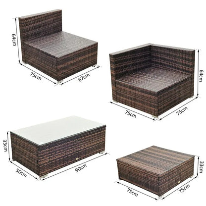 4-Seater Garden Rattan Furniture Rattan Sofa Set Sectional Sofa Coffee Table Combo Patio Furniture Metal Frame W/ Cushion Pillows Brown