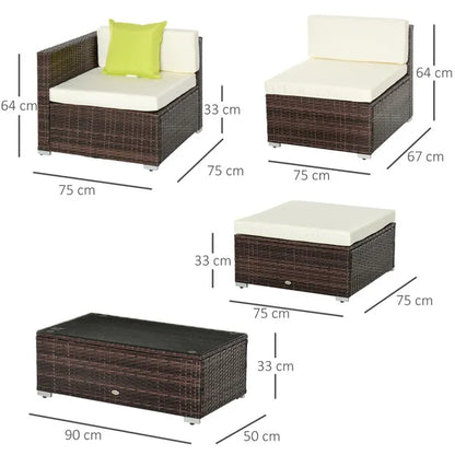 4-Seater Garden Rattan Furniture Rattan Sofa Set Sectional Sofa Coffee Table Combo Patio Furniture Metal Frame W/ Cushion Pillows Brown