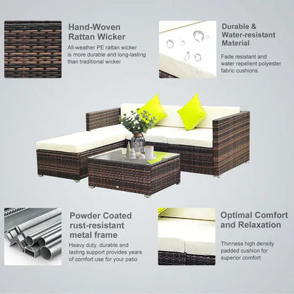 4-Seater Garden Rattan Furniture Rattan Sofa Set Sectional Sofa Coffee Table Combo Patio Furniture Metal Frame W/ Cushion Pillows Brown