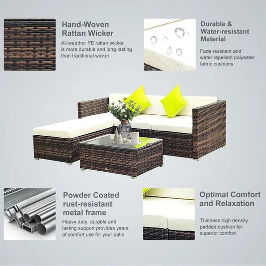 4-Seater Garden Rattan Furniture Rattan Sofa Set Sectional Sofa Coffee Table Combo Patio Furniture Metal Frame W/ Cushion Pillows Brown