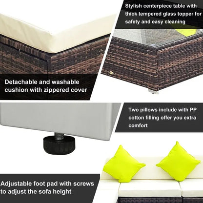4-Seater Garden Rattan Furniture Rattan Sofa Set Sectional Sofa Coffee Table Combo Patio Furniture Metal Frame W/ Cushion Pillows Brown