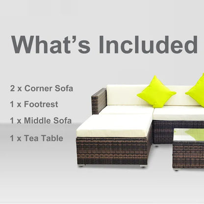 4-Seater Garden Rattan Furniture Rattan Sofa Set Sectional Sofa Coffee Table Combo Patio Furniture Metal Frame W/ Cushion Pillows Brown