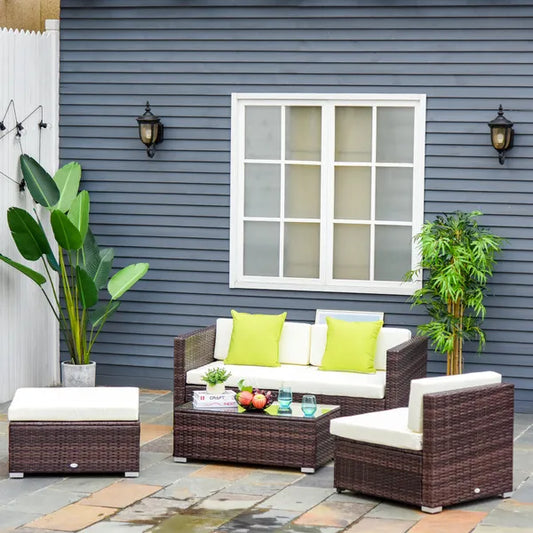4-Seater Garden Rattan Furniture Rattan Sofa Set Sectional Sofa Coffee Table Combo Patio Furniture Metal Frame W/ Cushion Pillows Brown
