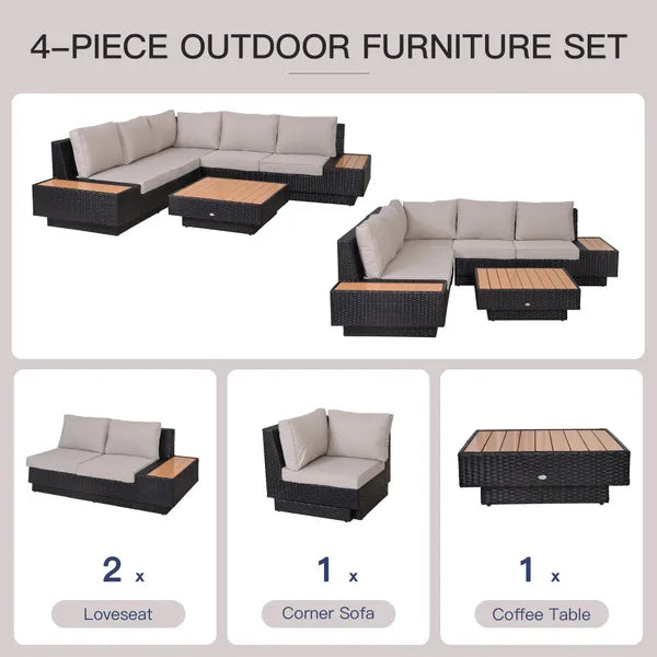 Outdoor 4 Piece Sectional Rattan Sofa Garden Furniture Set Coffee Table Chairs Loveseat With Cushion Patio Area