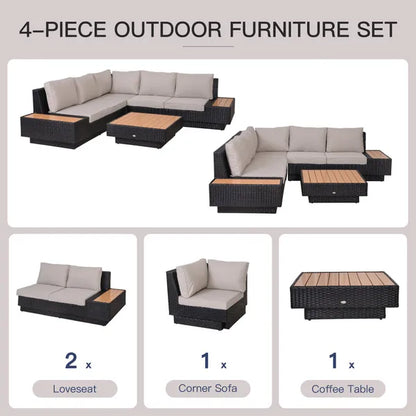 Outdoor 4 Piece Sectional Rattan Sofa Garden Furniture Set Coffee Table Chairs Loveseat With Cushion Patio Area