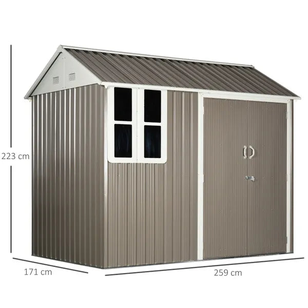Outsunny 8 X 6 Ft Corrugated Metal Garden Storage Shed W/ Double Door Window Sloped Roof Outdoor Equipment Tool Storage Garden Grey