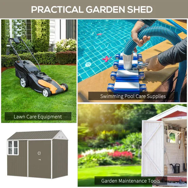 Outsunny 8 X 6 Ft Corrugated Metal Garden Storage Shed W/ Double Door Window Sloped Roof Outdoor Equipment Tool Storage Garden Grey