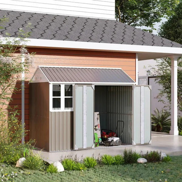 Outsunny 8 X 6 Ft Corrugated Metal Garden Storage Shed W/ Double Door Window Sloped Roof Outdoor Equipment Tool Storage Garden Grey