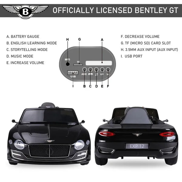 Kids Bentley Electric Ride on Car With LED Lights, Music & Parental Remote Control - Black