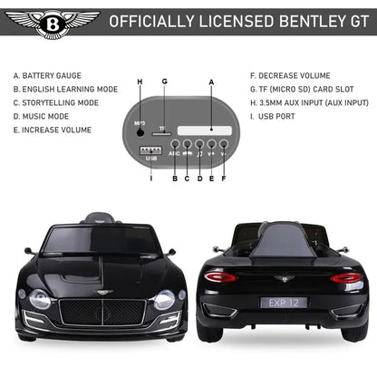 Kids Bentley Electric Ride on Car With LED Lights, Music & Parental Remote Control - Black