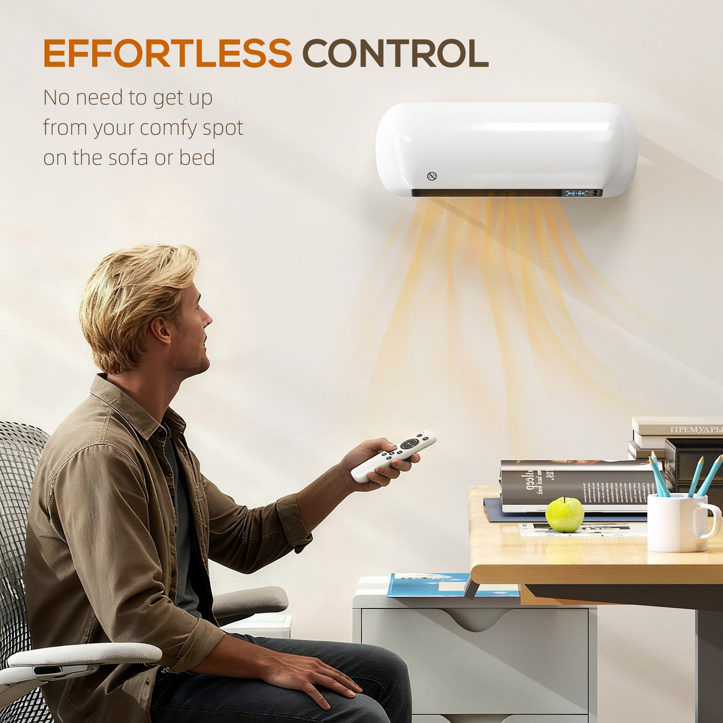 2000W Ceramic Electric Heater with Fan, Adjustable Thermostat, Wall Mounted - White / Black