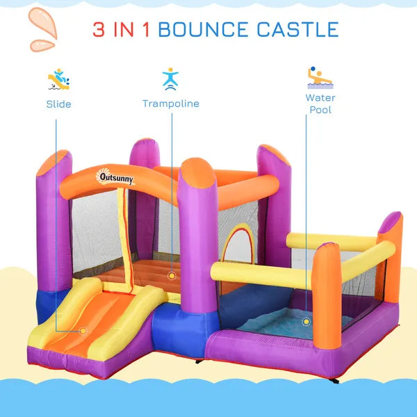 Kids Bouncy Castle House Inflatable Trampoline Slide Water Pool 3 in 1 with Blower for Kids Age 3-8 Multi-color 2.8 x 2.5 x 1.7m