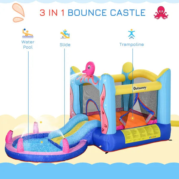 Kids Bounce Bouncy Castle House Inflatable Trampoline Slide Water Pool 3 In 1 With Inflator For Kids Age 3-12 Octopus Design