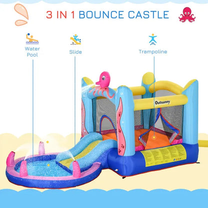 Kids Bounce Bouncy Castle House Inflatable Trampoline Slide Water Pool 3 In 1 With Inflator For Kids Age 3-12 Octopus Design