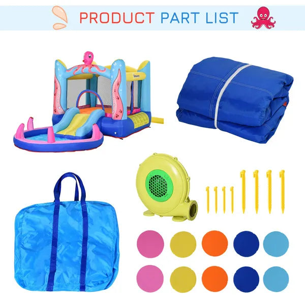 Kids Bounce Bouncy Castle House Inflatable Trampoline Slide Water Pool 3 In 1 With Inflator For Kids Age 3-12 Octopus Design