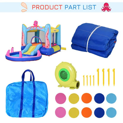 Kids Bounce Bouncy Castle House Inflatable Trampoline Slide Water Pool 3 In 1 With Inflator For Kids Age 3-12 Octopus Design