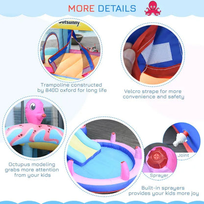Kids Bounce Bouncy Castle House Inflatable Trampoline Slide Water Pool 3 In 1 With Inflator For Kids Age 3-12 Octopus Design