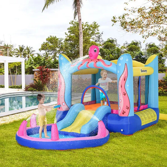 Kids Bounce Bouncy Castle House Inflatable Trampoline Slide Water Pool 3 In 1 With Inflator For Kids Age 3-12 Octopus Design