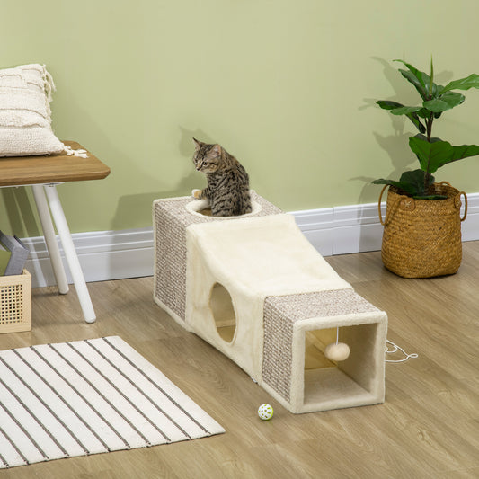 PawHut Cat Tunnel, 2 Cat Caves, Scratching Surfaces and Ball Toy, 98 cm x 30 cm x 30 cm, Brown + Beige