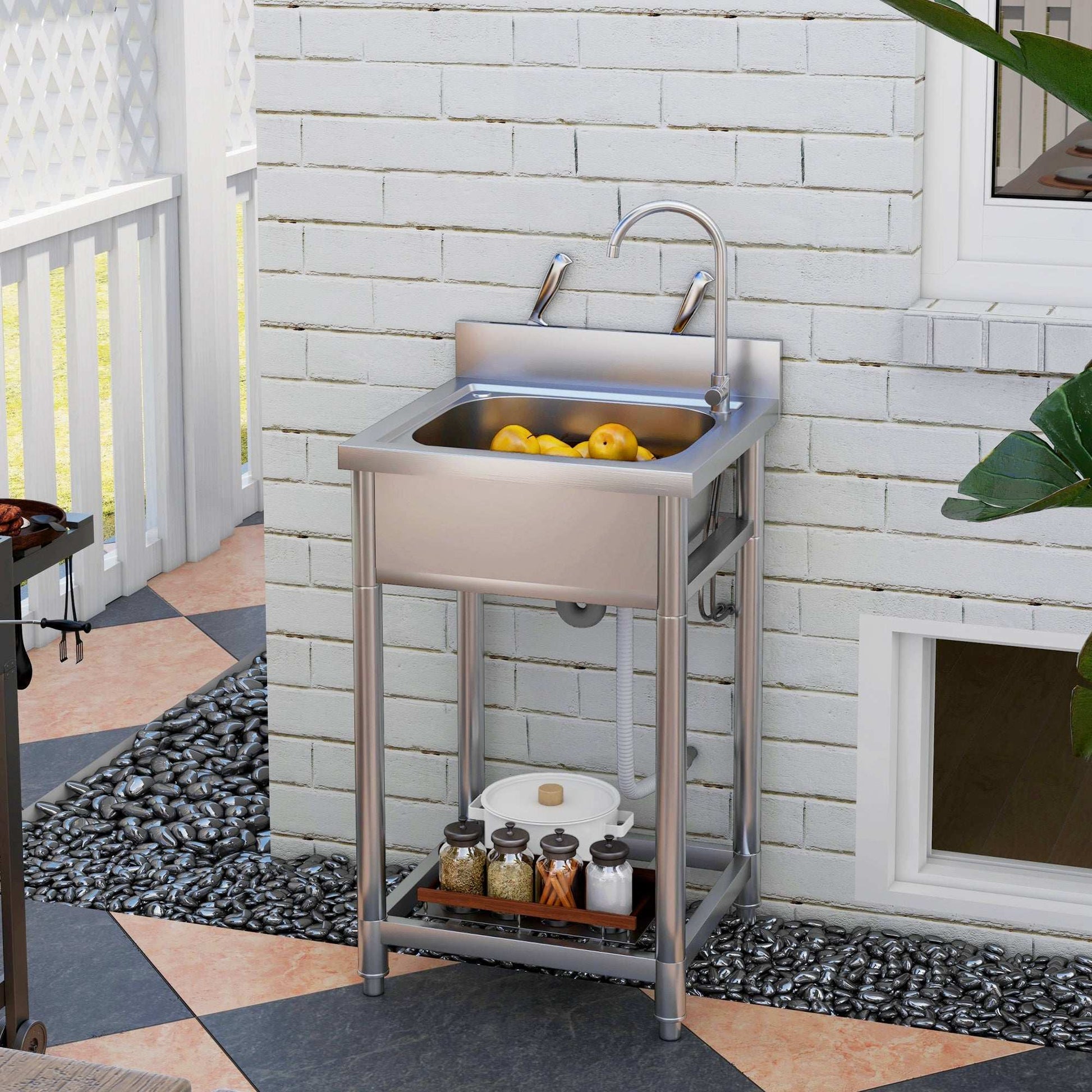 Outdoor Utility Sink, Free Standing Single Bowl Kitchen Sink with Cold and Hot Water Pipe and Storage Shelf for Laundry Garage, Silver Tone