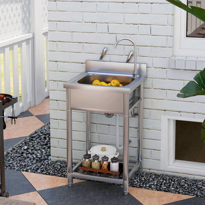 Outdoor Utility Sink, Free Standing Single Bowl Kitchen Sink with Cold and Hot Water Pipe and Storage Shelf for Laundry Garage, Silver Tone