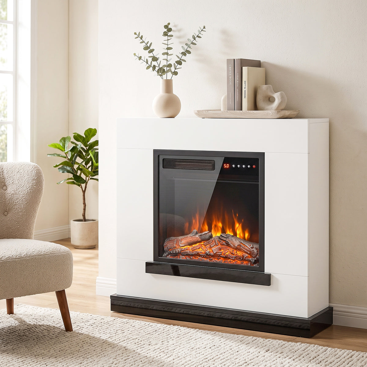 80cm Freestanding Electric Fireplace Suite | 900/1800W, Log Effect, 5 Brightness & Speed Settings | Remote, 8-Hour Timer & White Surround