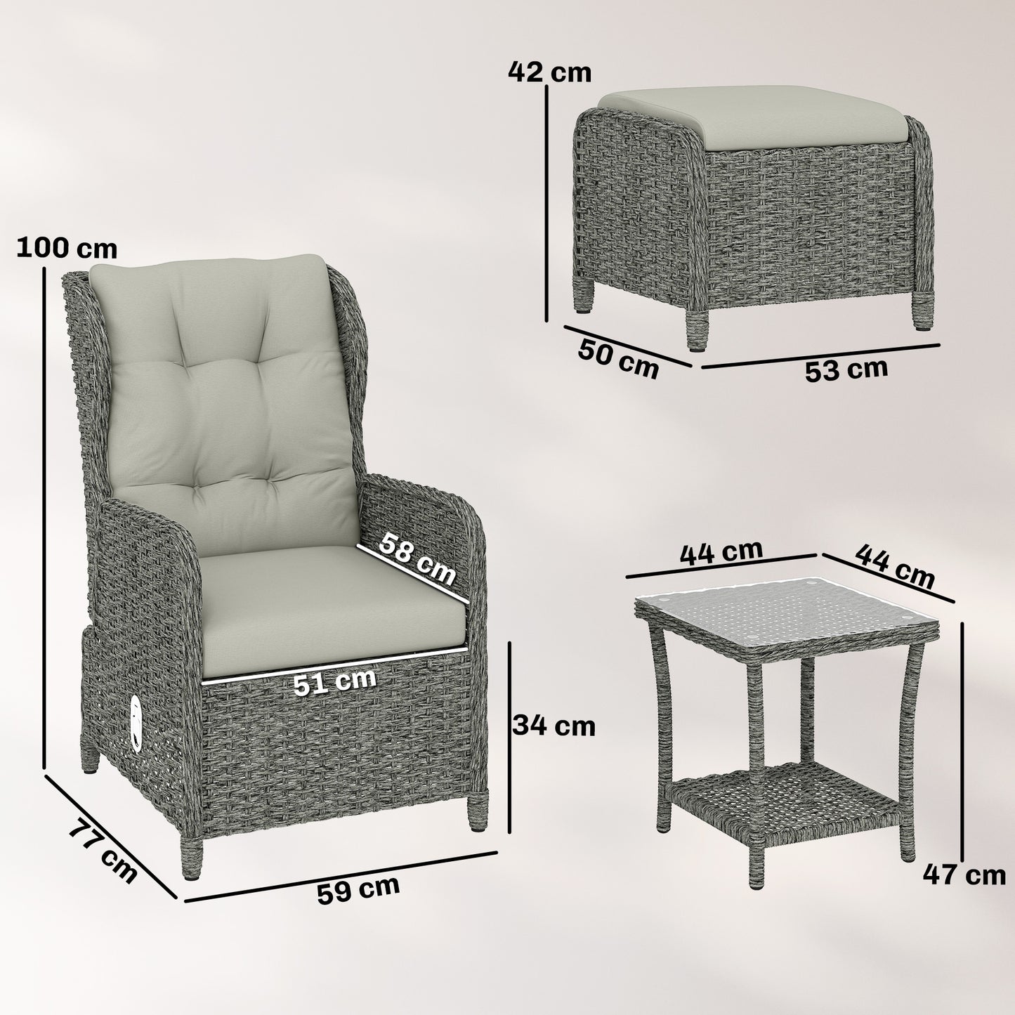 5 Piece Rattan Garden Furniture Set | 2 Reclining Chairs & 2 Footstools | Side Table | 90-135° Backrest | Aluminium Frame | Washable Cushions | 120kg | Cream White