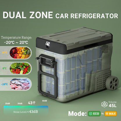 45L Camping Fridge Freezer Dual Zone, Portable Car Fridge 12V/24V DC & 100-240V AC, Electric Cool Box -20℃-20℃ with Wheels and LED Light