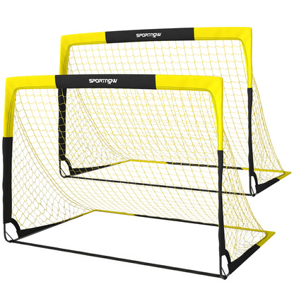 Set of 2 Pop-Up Football Goals | Instant Open & Fold Flat | Fibreglass Poles & Metal Tubes | Polyester Net | Oxford Edging | 8 U-Shaped Stakes | Carry Bag | 150x110x110cm | Age 5+ | Yellow & Black