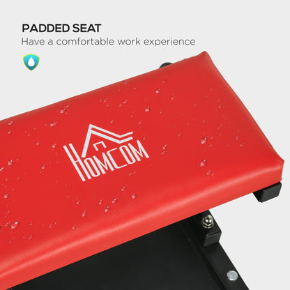 Workshop Stool, Rolling Mechanic Stool with 360 Degree Swivel, Padded Seat, Tool Tray, for Garage, Workshop, Auto Repair, Red