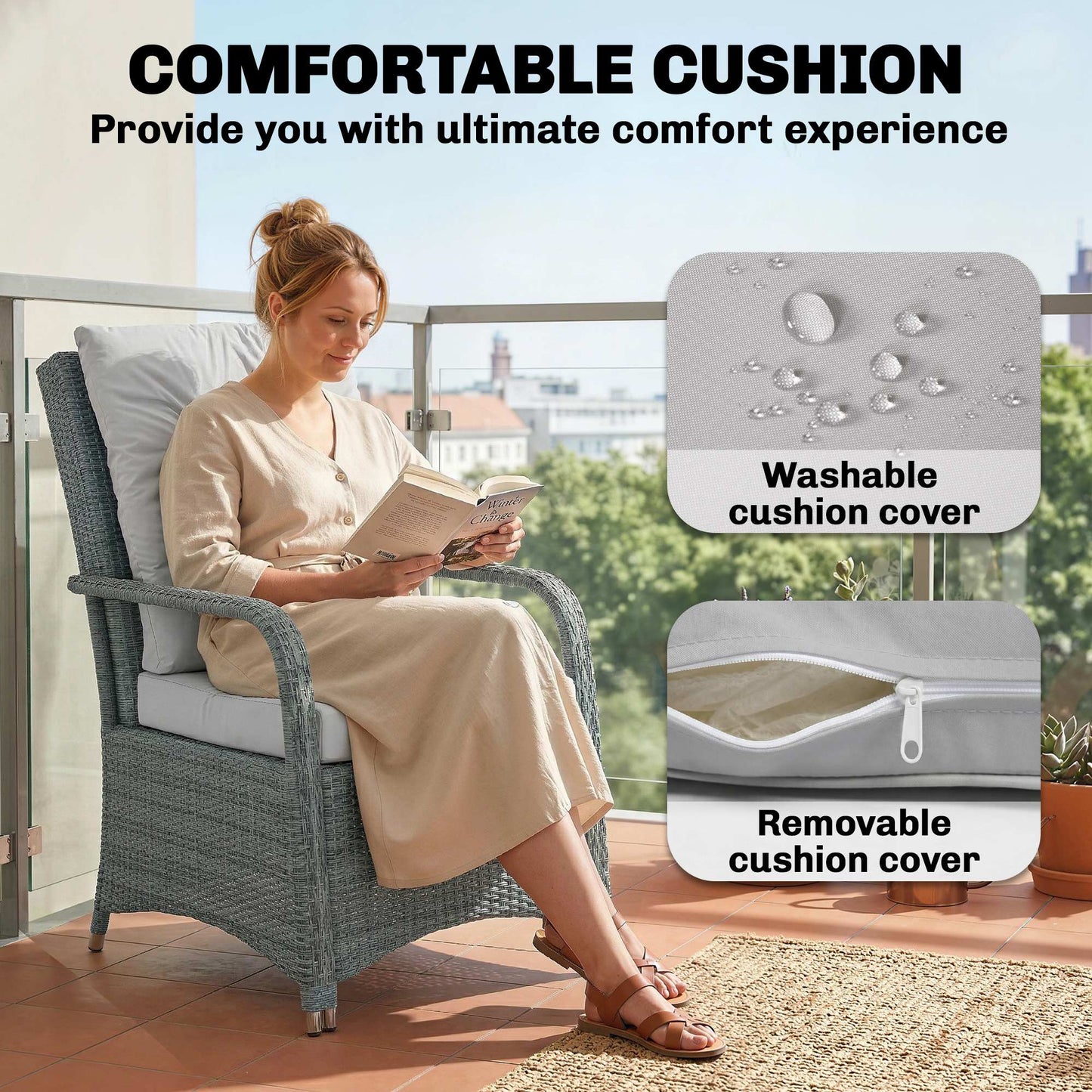 3-Piece Rattan Bistro Set | 2 Chairs, Glass Table & Cover | 10cm Cushions | EN-581 | Light Grey