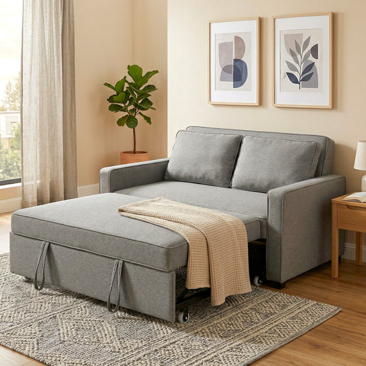 3-in-1 2-Seater Sofa Bed | Click-Clack 3-Position Backrest | Eucalyptus Wood Frame | 12cm High-Density Foam | Faux Linen Upholstery | 2 Washable Pillows | 220kg Max | Sofa 148x86x91.5cm | Bed 126x175x45cm | Grey
