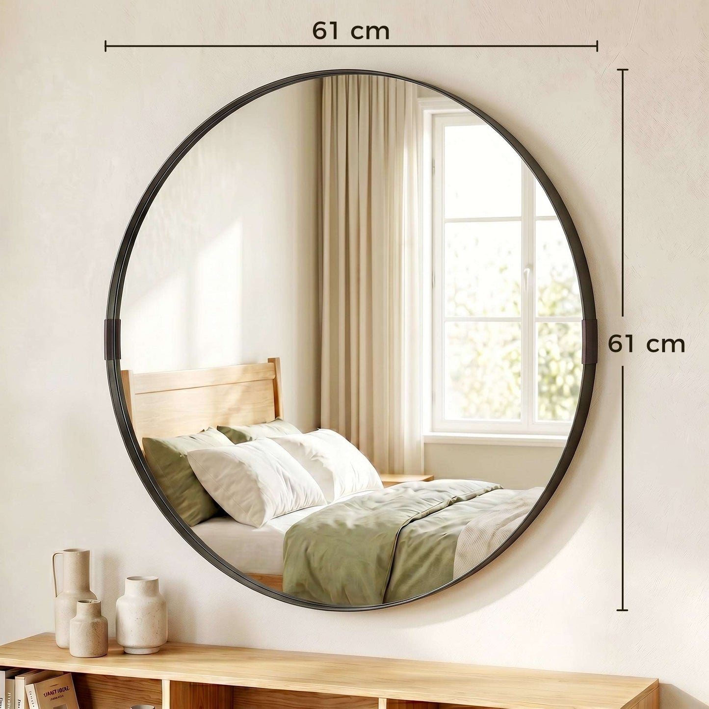 Round Wall Mirror | Shatterproof Tempered Glass | Anodised Aluminium Alloy Frame | 4cm Deep 3D Effect | 61cm Diameter | No Assembly | Black