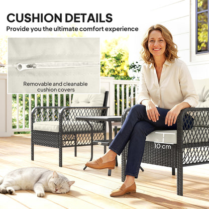3 Piece Rattan Bistro Set | 2 Armchairs | Tempered Glass Coffee Table | 10cm Seat Cushions | Washable Covers | PE Wicker Metal Frame | 160kg | Cream