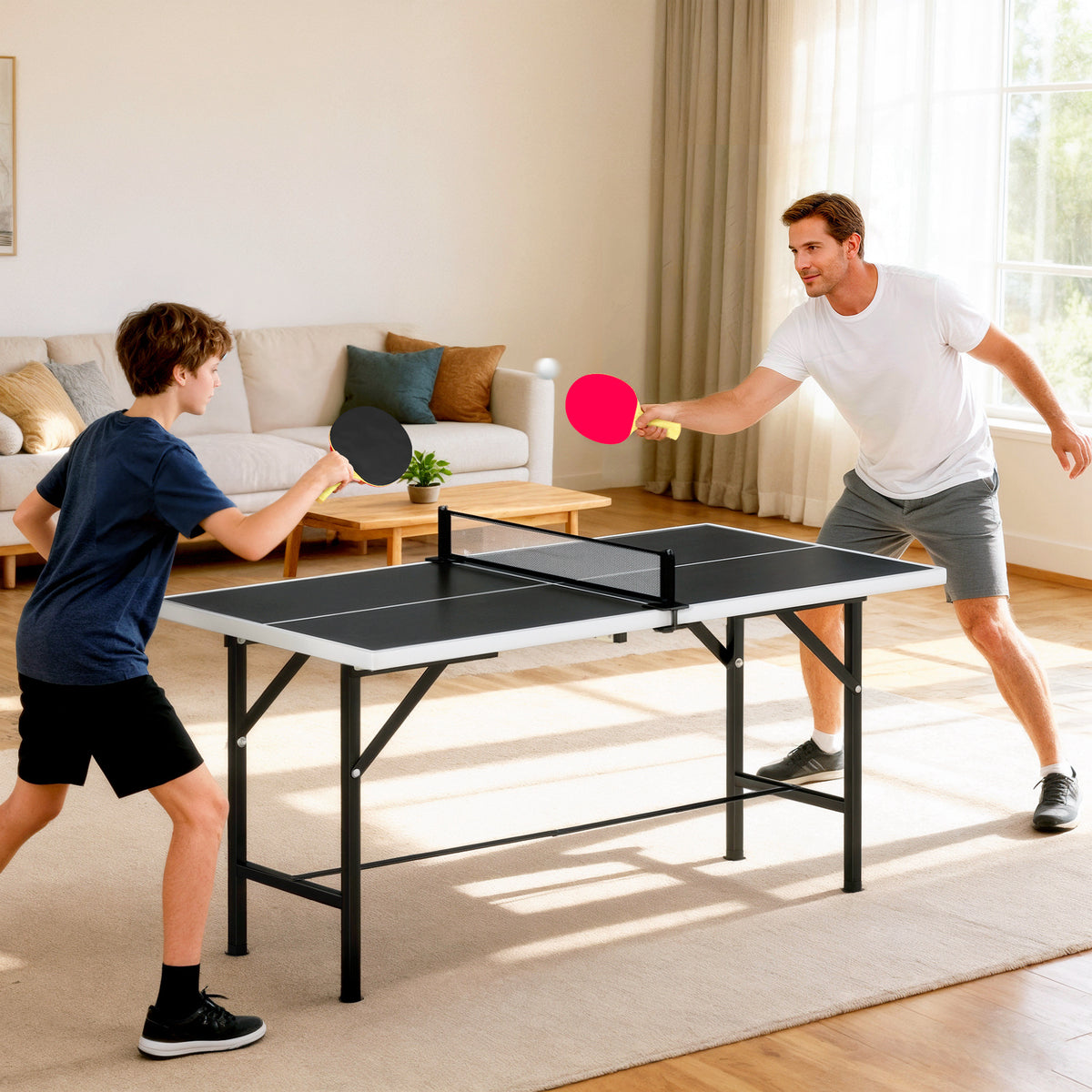 SPORTNOW 5ft Mid-Size Table Tennis Table | Black | 152x76x70cm | Folds to 76x76x12cm | E1 MDF Top | Steel Frame | Removable Net 78x12cm | Safety Locks | 2 Paddles & 3 Balls Included