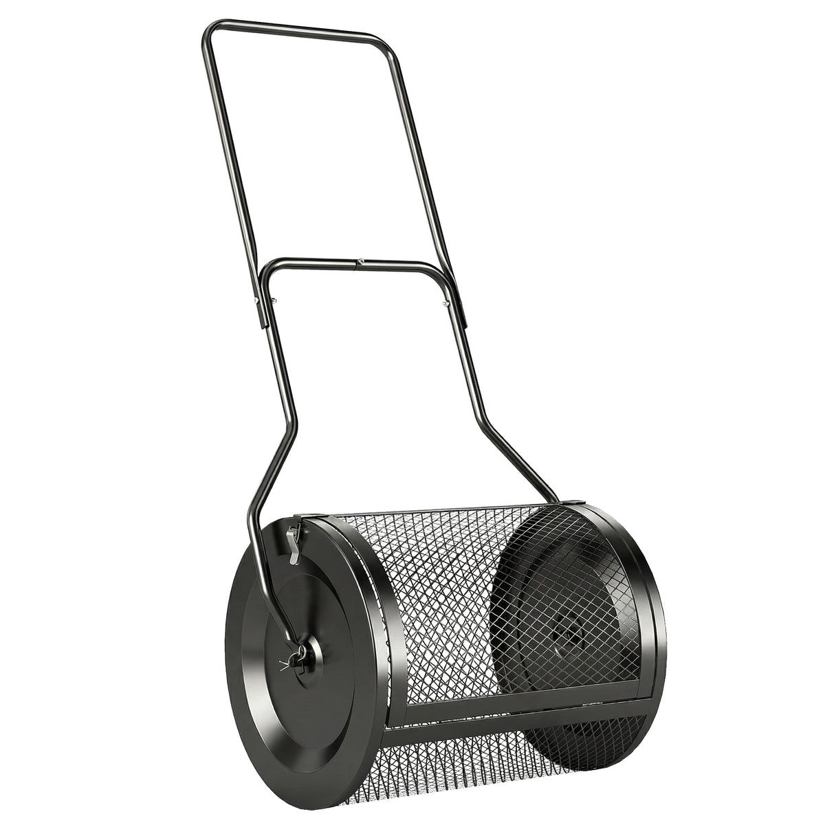 75L Compost & Peat Moss Spreader | 20" Rolling Barrel | Detachable U-Handle | Metal Mesh Door | Rust-Proof Powder-Coated | Garden Lawn | Black