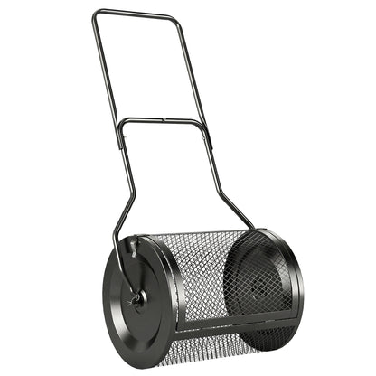 75L Compost & Peat Moss Spreader | 20" Rolling Barrel | Detachable U-Handle | Metal Mesh Door | Rust-Proof Powder-Coated | Garden Lawn | Black