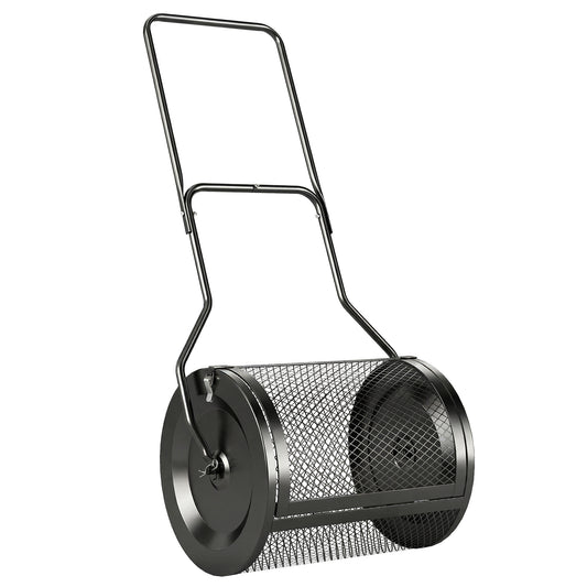 75L Compost & Peat Moss Spreader | 20" Rolling Barrel | Detachable U-Handle | Metal Mesh Door | Rust-Proof Powder-Coated | Garden Lawn | Black