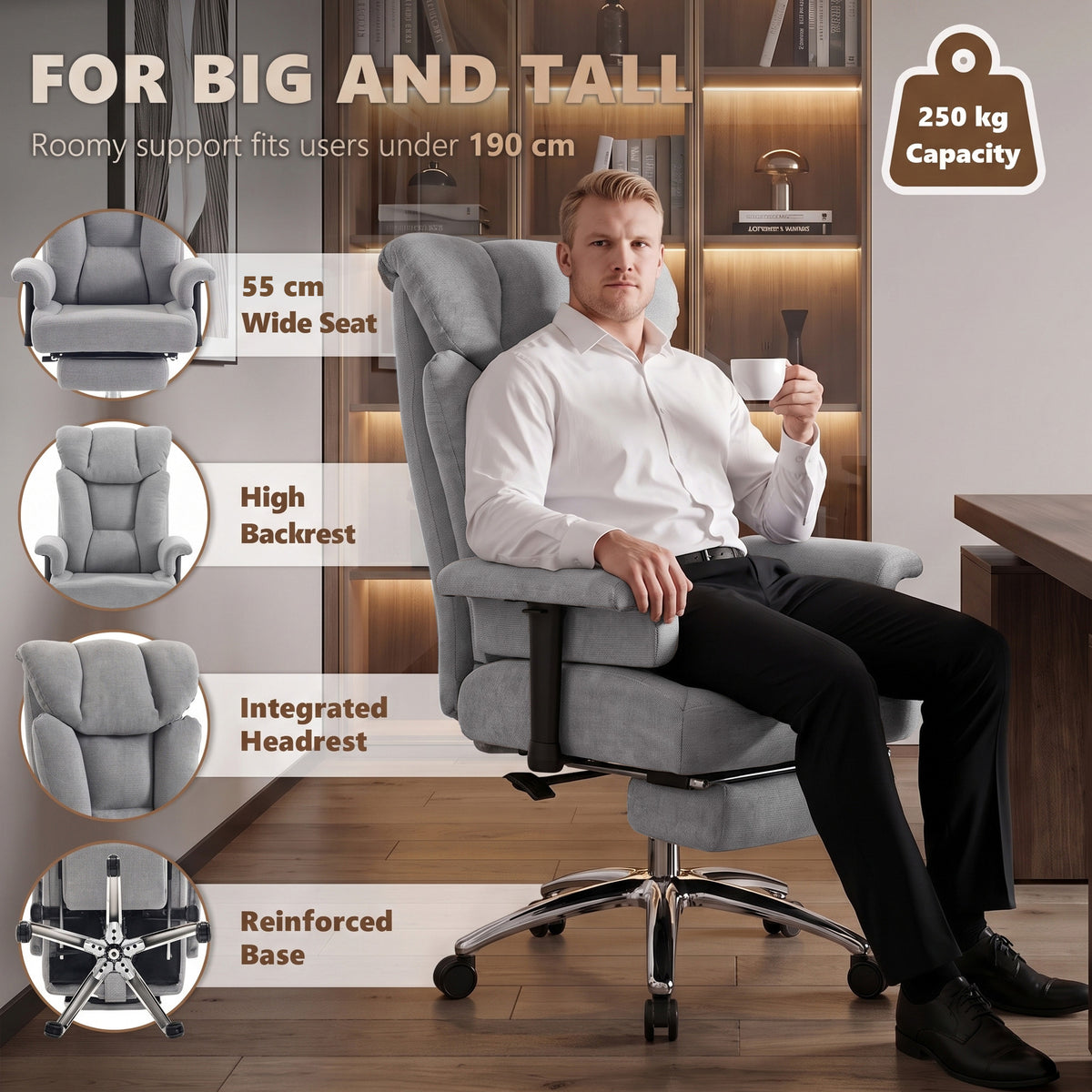Big & Tall Massage Office Chair | 250kg Capacity, Lumbar Heat & 135° Recline | Adjustable Arms, Footrest & Linen-Look Fabric | Grey
