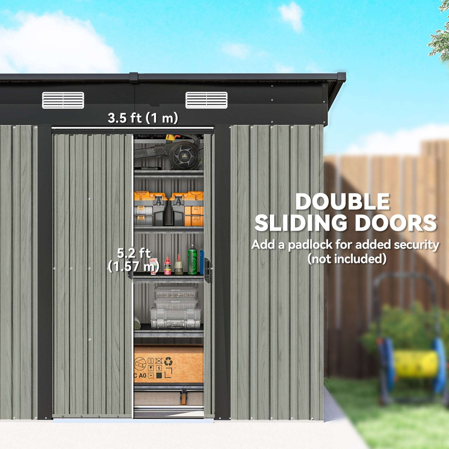7x4ft Lean-To Metal Garden Shed | Corrugated Galvanised Steel | Sloped Roof | Sliding Door | 2 Front Vents | Foundation Kit Included | 203x130x182cm | Light Grey